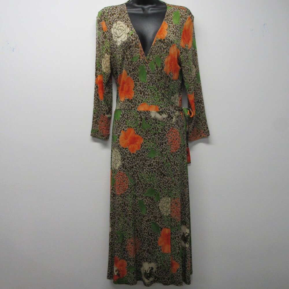 Vtg 90s THE TRAVEL COLLECTION Wrap Dress Sz Small Leopard Garden Slinky Knit